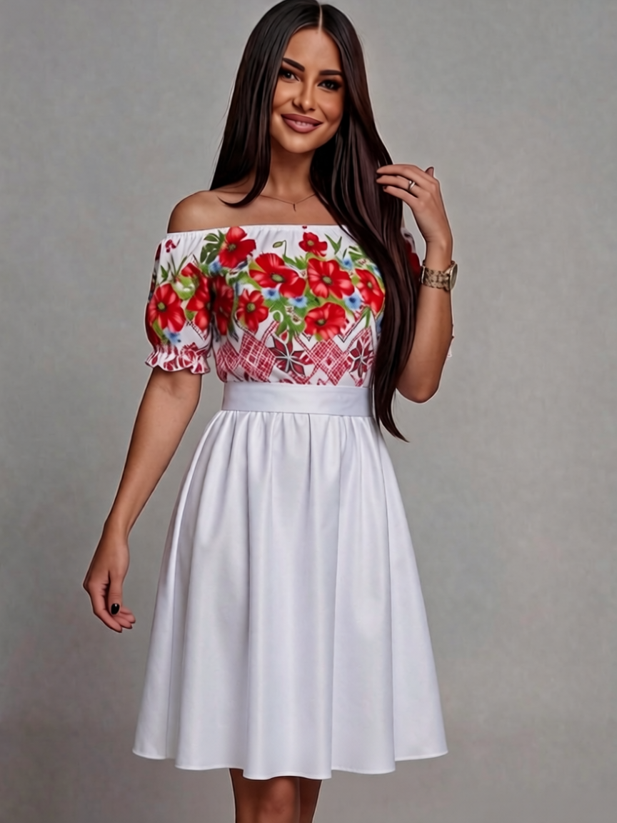 Rochie traditionala in clos din tafta alba cu maci Adana